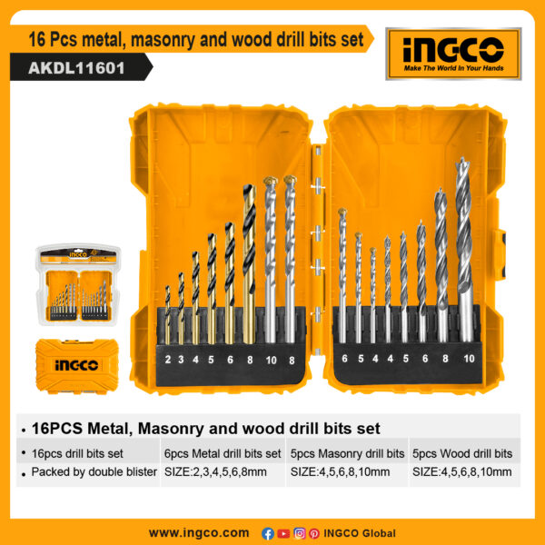 INGCO 16 Pcs metal, masonry and wood drill bits set (AKDL11601)