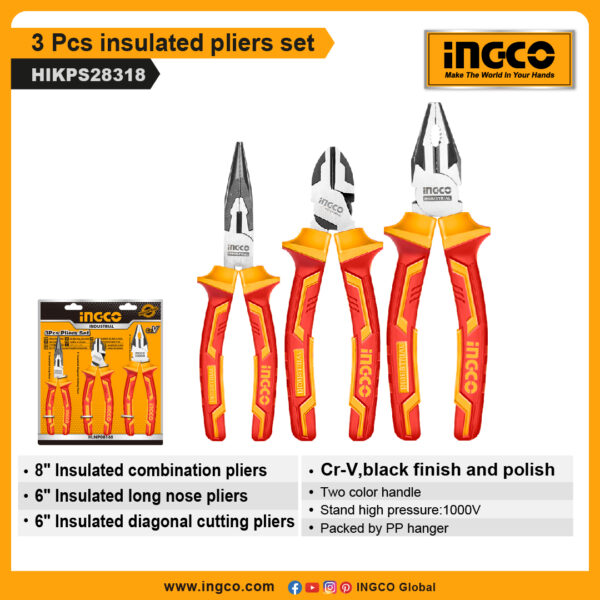 INGCO 3 Pcs insulated pliers set (HIKPS28318)