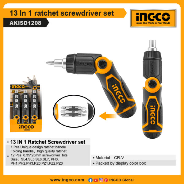 INGCO 13 In 1 ratchet screwdriver set (AKISD1208)